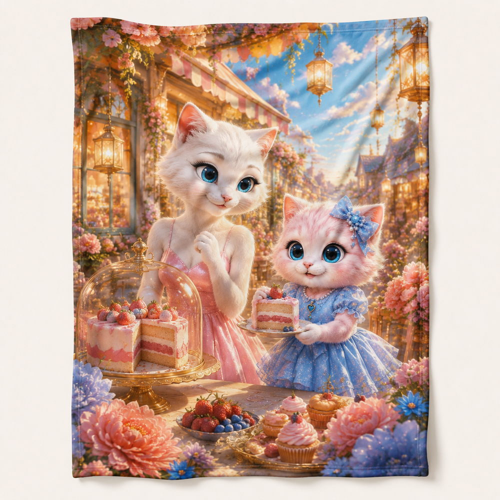 Lantern Table Last Slice fleece blanket front view with Mom Cat and Pink Kitten — The Fluffy Fam
