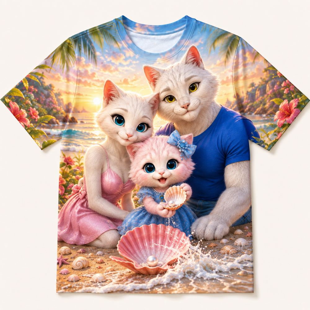 Sunbeam Shell Surprise all-over print T-shirt front view with the whole cat family — The Fluffy Fam
