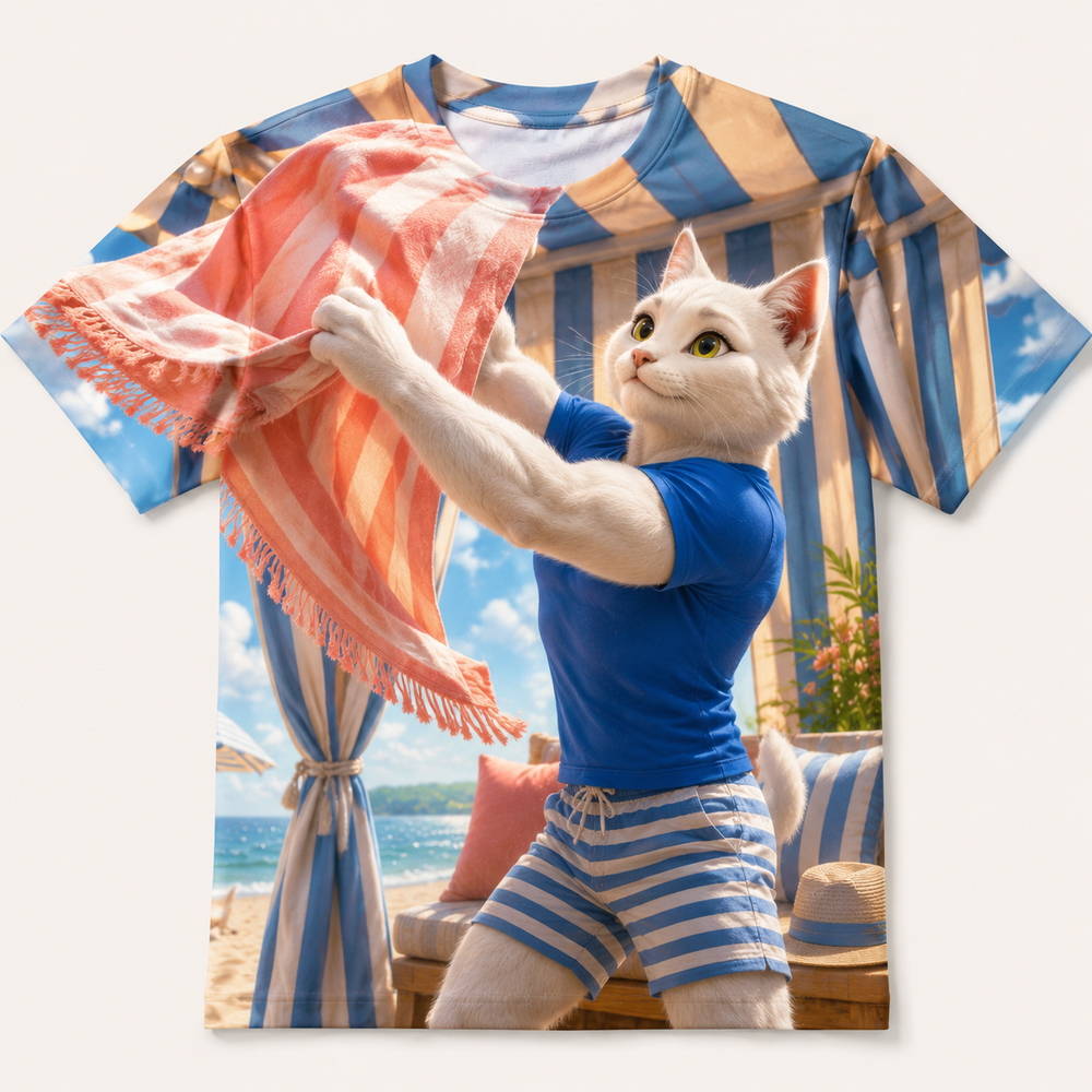 Cabana Towel Sail all-over print T-shirt front view with Dad Cat — The Fluffy Fam