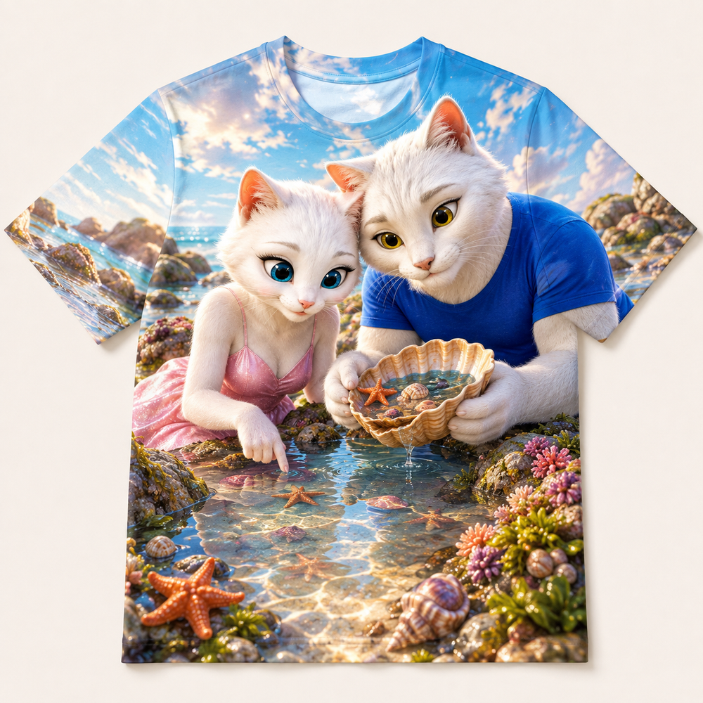 Tide Pool Sky Mirror all-over print T-shirt front view with Dad Cat and Mom Cat — The Fluffy Fam