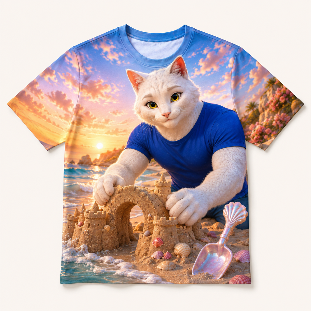 Sandcastle Arch Rescue all-over print T-shirt front view with Dad Cat — The Fluffy Fam