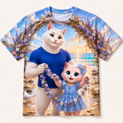 Driftwood Garland Swing all-over print T-shirt front view with Dad Cat and Pink Kitten — The Fluffy Fam