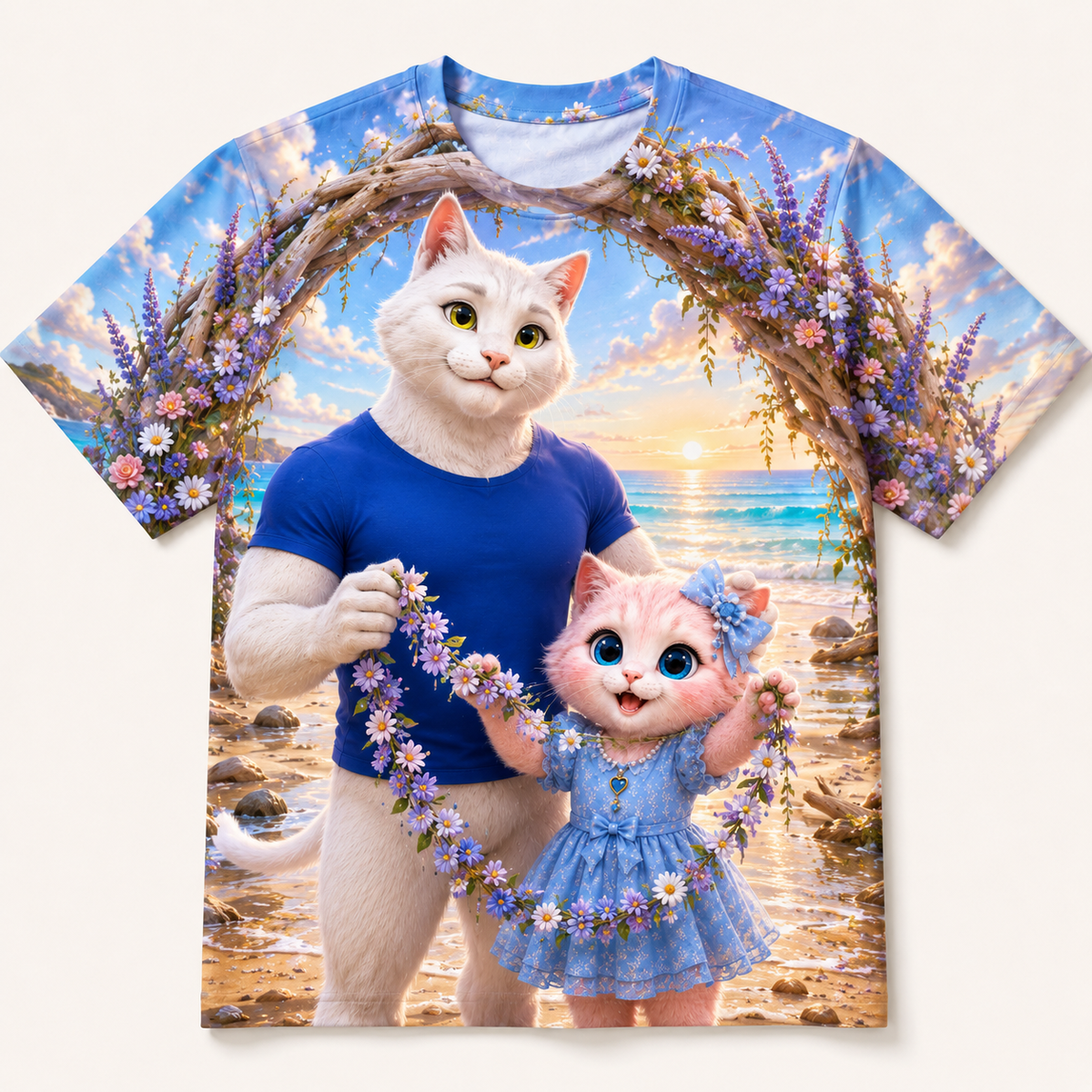 Driftwood Garland Swing all-over print T-shirt front view with Dad Cat and Pink Kitten — The Fluffy Fam