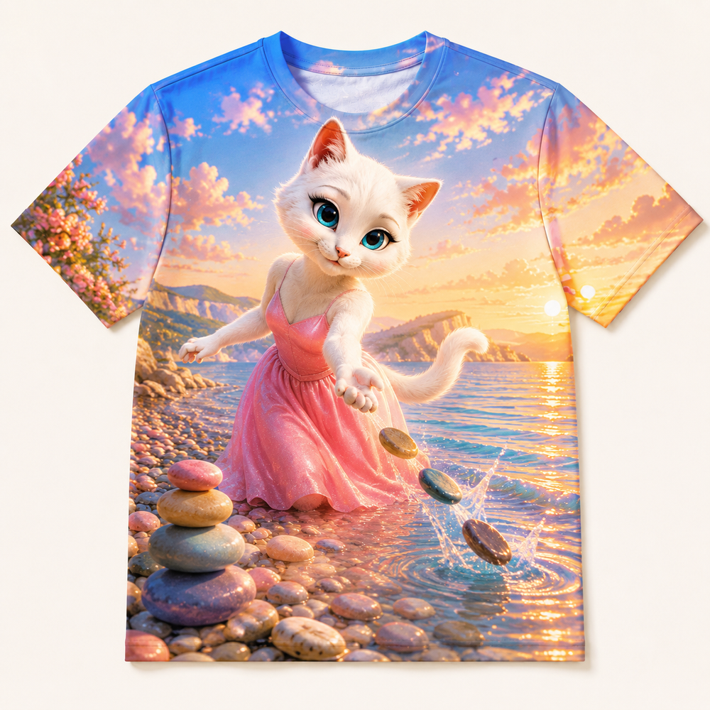 Pebble Skip Trio all-over print T-shirt front view with Mom Cat — The Fluffy Fam