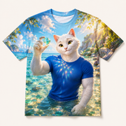 Sea Glass Sun Catch all-over print T-shirt front view with Dad Cat — The Fluffy Fam