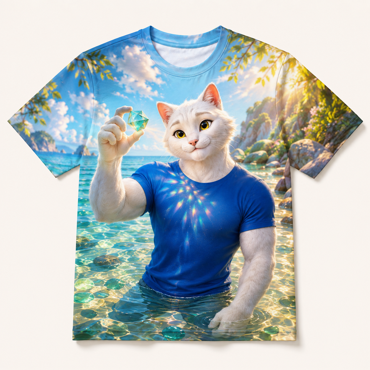 Sea Glass Sun Catch all-over print T-shirt front view with Dad Cat — The Fluffy Fam
