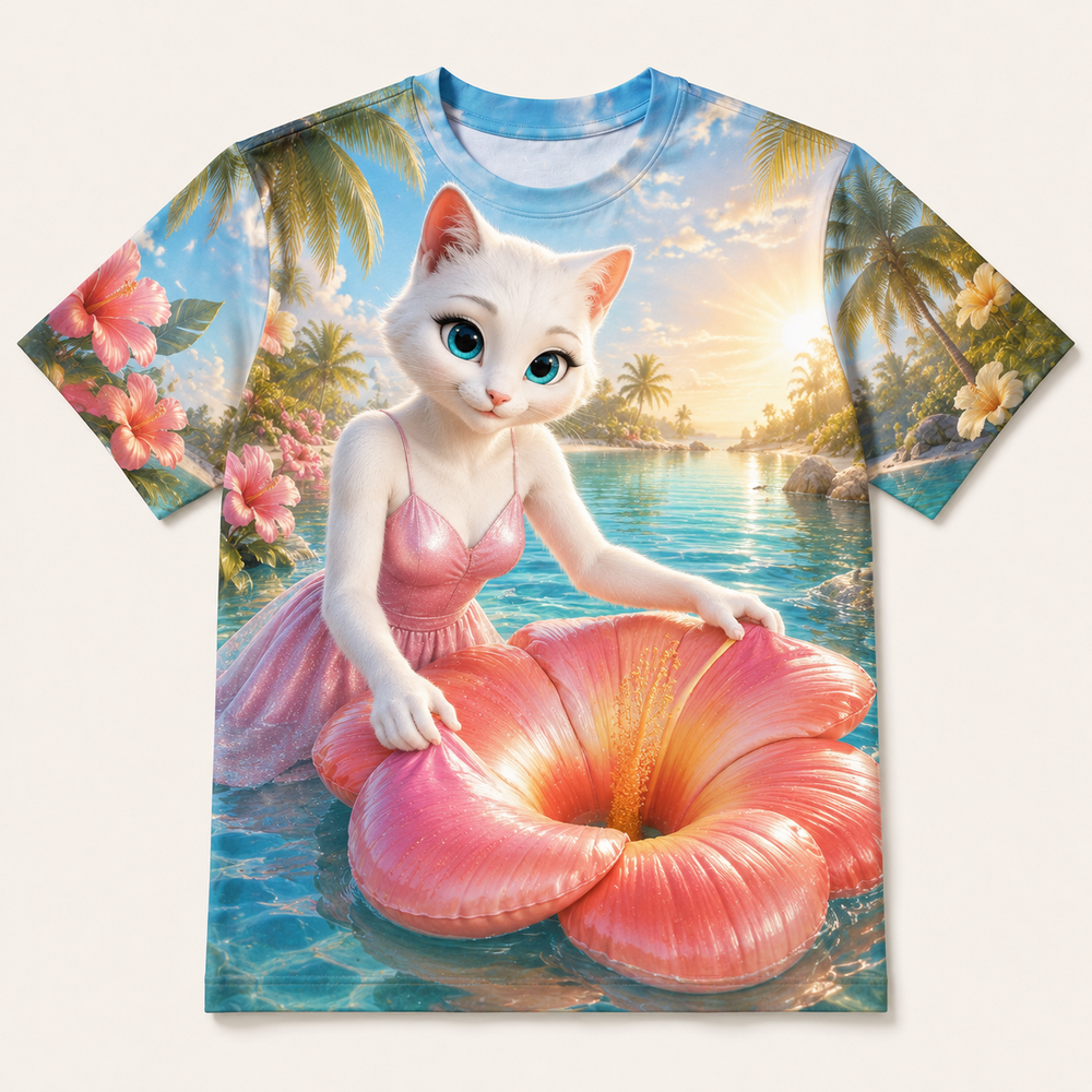 Lagoon Float Blossom all-over print T-shirt front view with Mom Cat — The Fluffy Fam