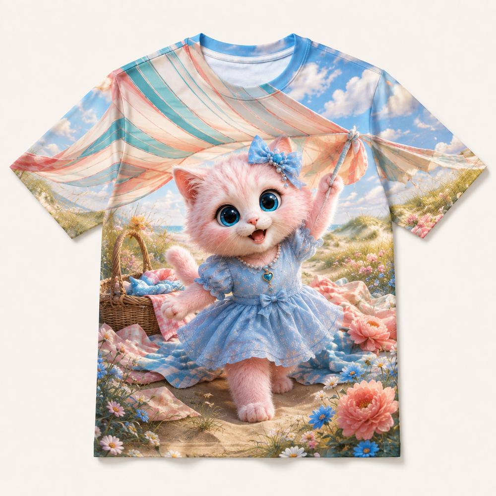 Dune Picnic Canopy all-over print T-shirt front view with Pink Kitten — The Fluffy Fam
