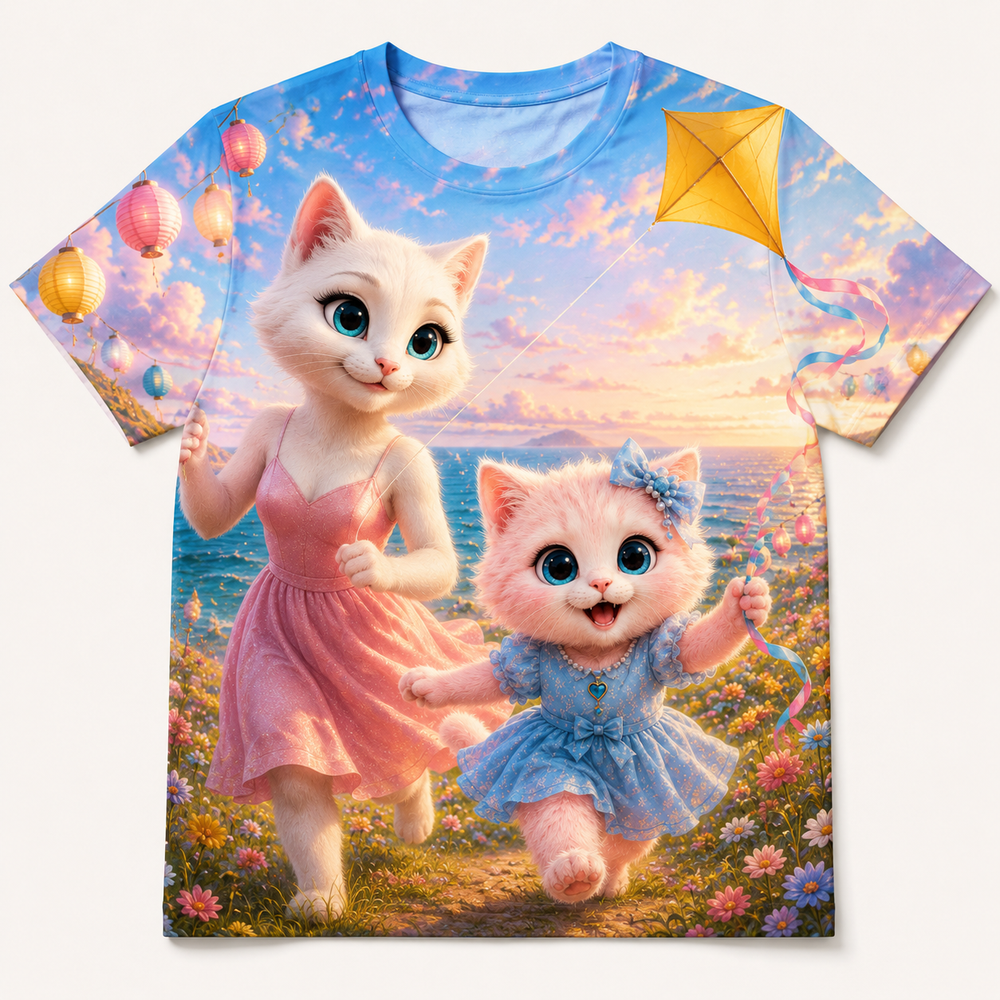Kite Tail Wave Chase all-over print T-shirt front view with Mom Cat and Pink Kitten — The Fluffy Fam