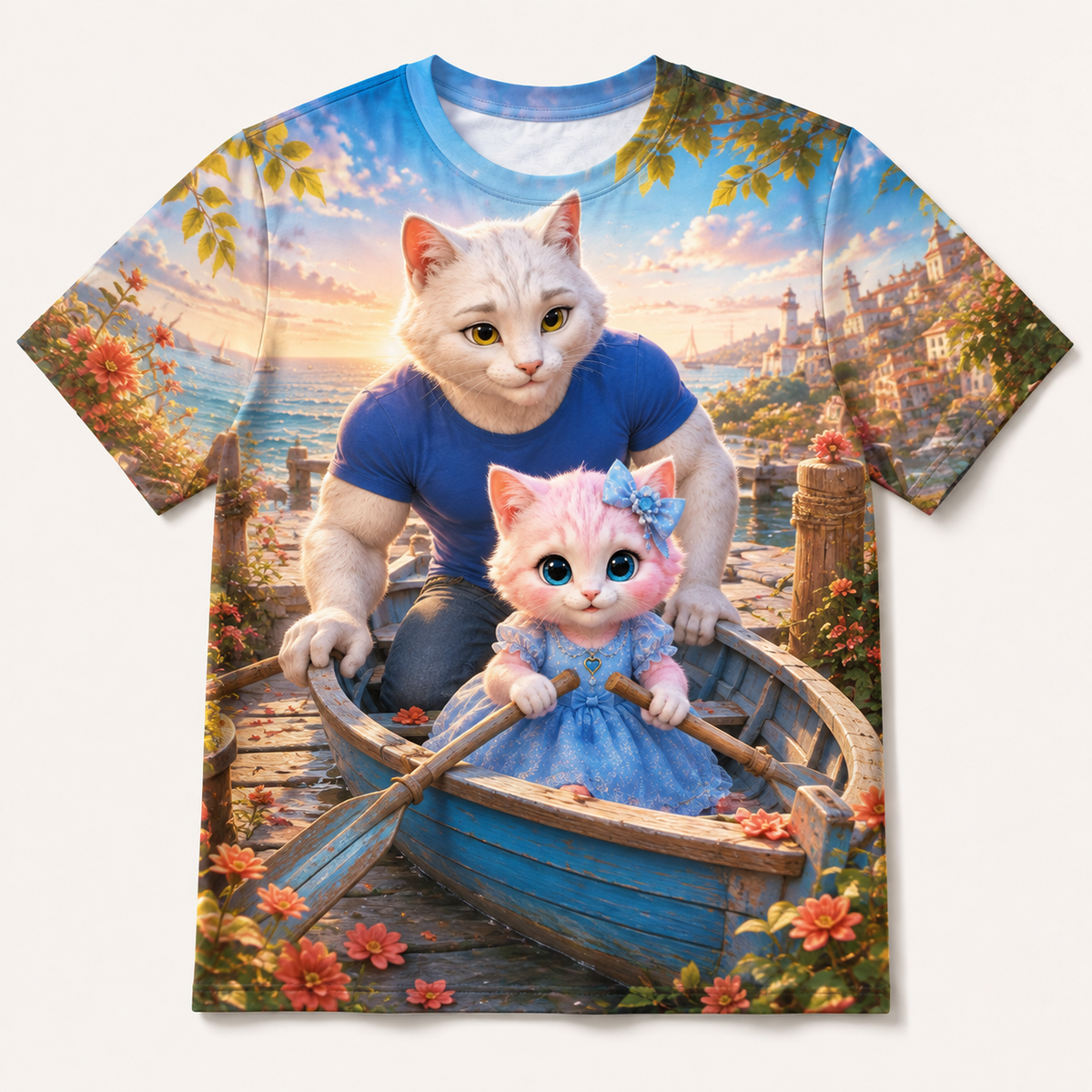 Rowboat Ribbon Launch all-over print T-shirt front view with Dad Cat and Pink Kitten — The Fluffy Fam