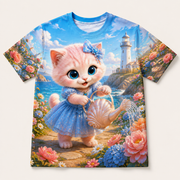 Lighthouse Garden Splash all-over print T-shirt front view with Pink Kitten — The Fluffy Fam