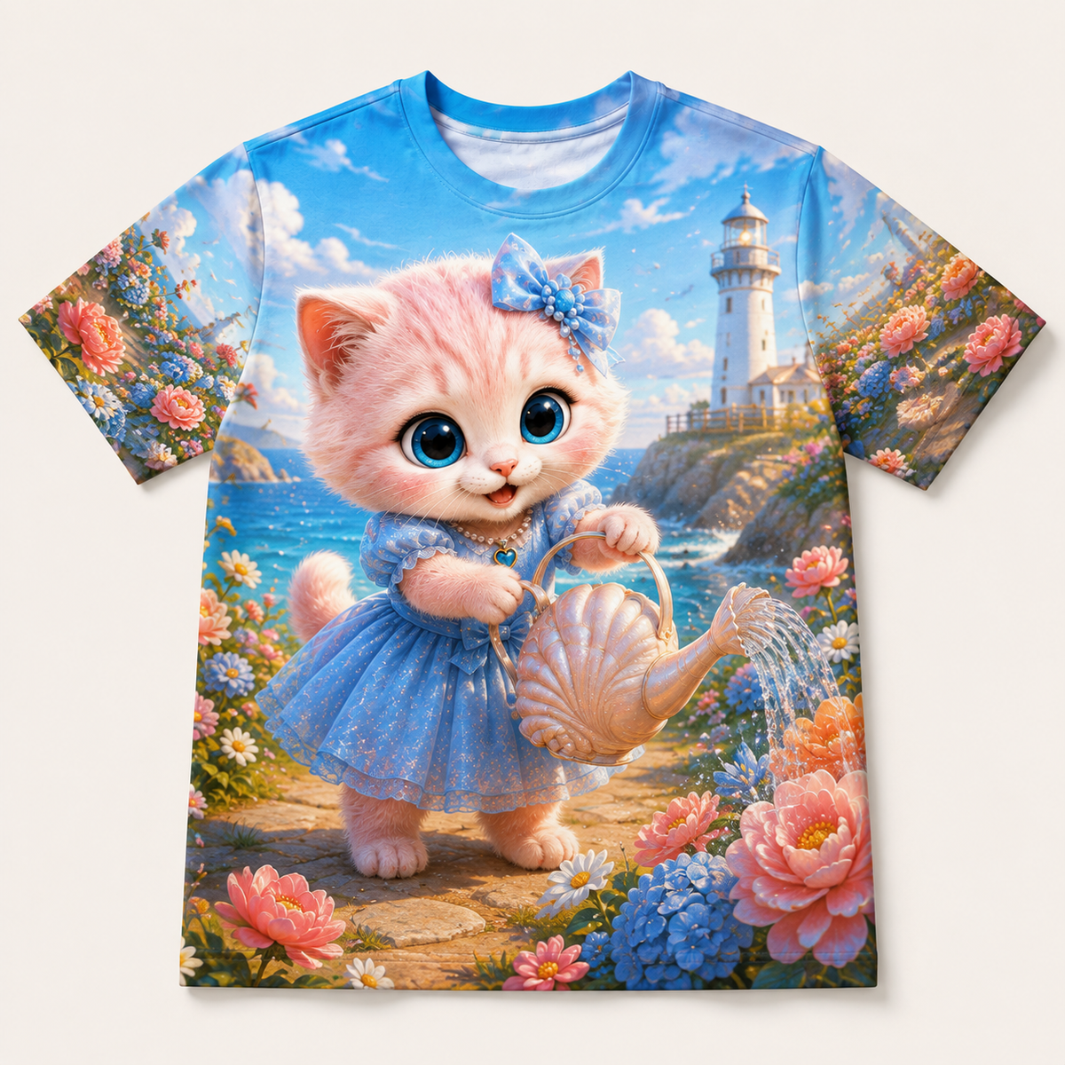 Lighthouse Garden Splash all-over print T-shirt front view with Pink Kitten — The Fluffy Fam