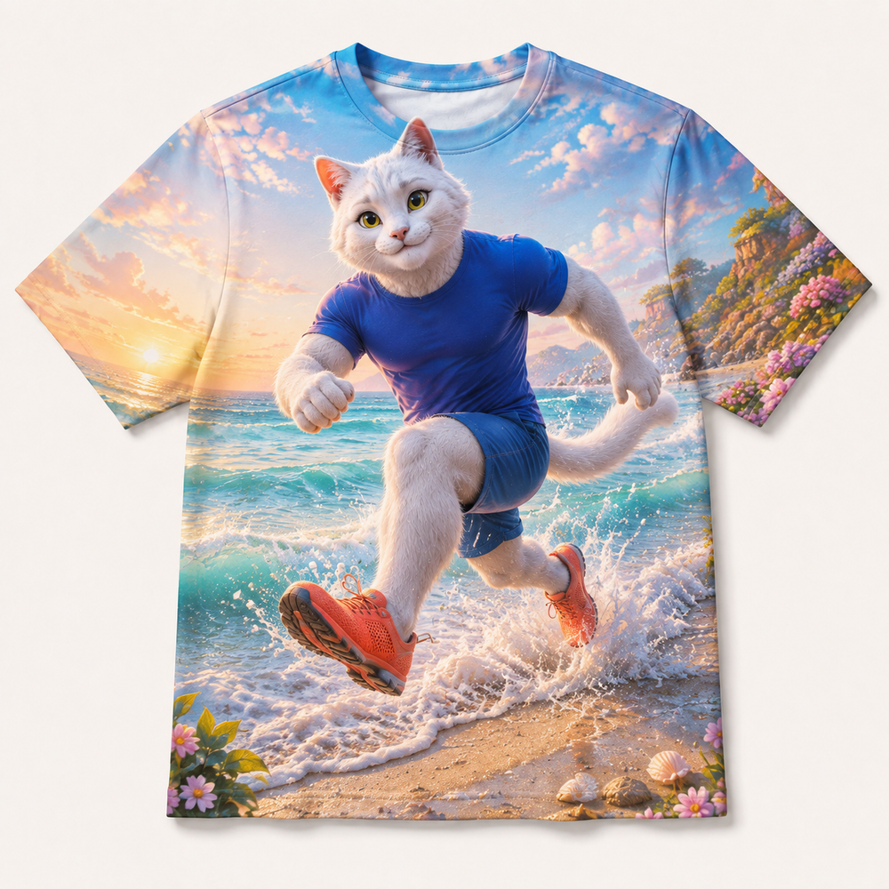 Foam Fringe Hop all-over print T-shirt front view with Dad Cat — The Fluffy Fam