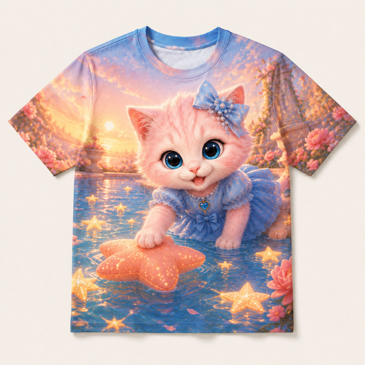 Star Pool Float Hello all-over print T-shirt front view with Pink Kitten — The Fluffy Fam