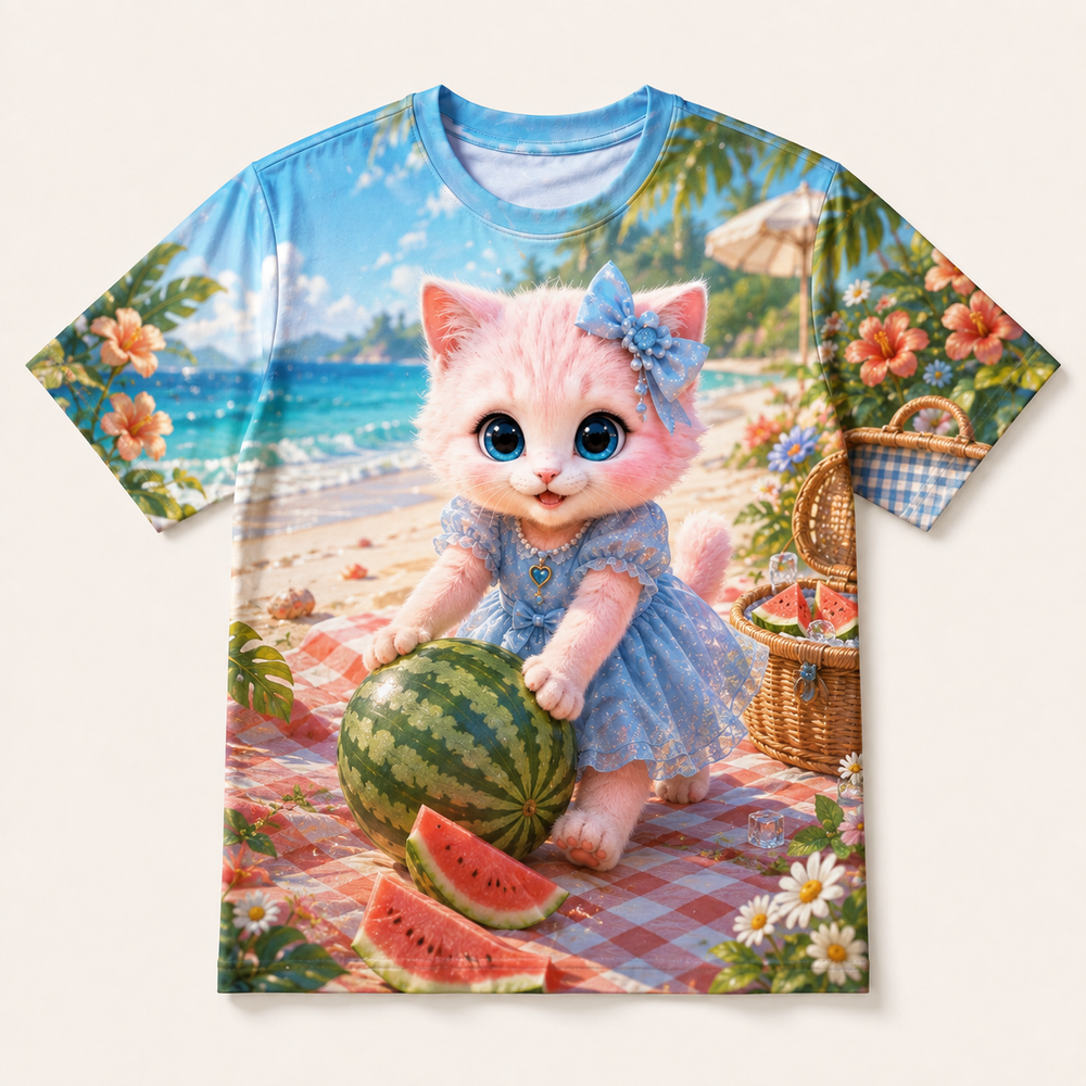 Watermelon Blanket Roll all-over print T-shirt front view with Pink Kitten — The Fluffy Fam