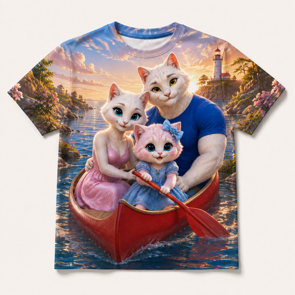 Creek Mouth Canoe Glide all-over print T-shirt front view with the whole cat family — The Fluffy Fam