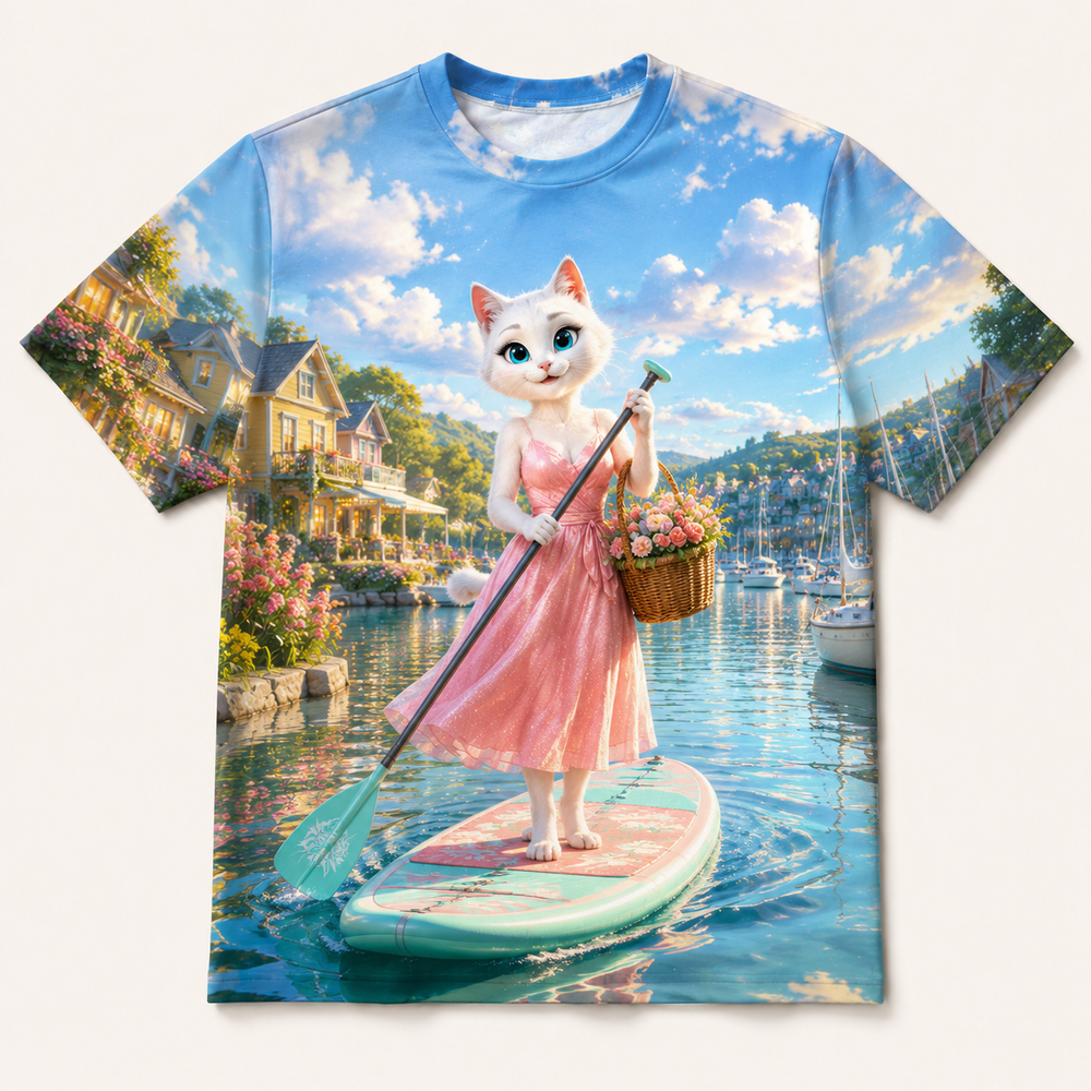 Paddleboard Basket Balance all-over print T-shirt front view with Mom Cat — The Fluffy Fam