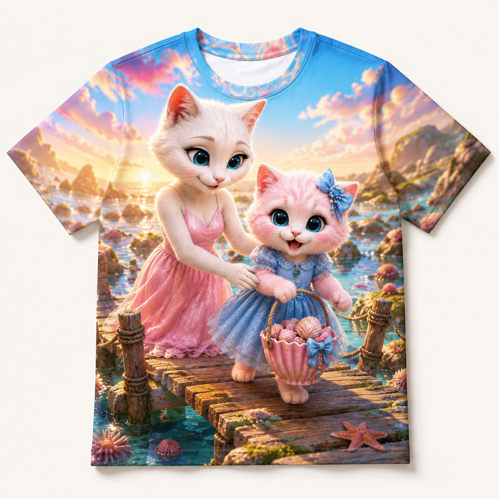 Rockpool Bridge Crossing all-over print T-shirt front view with Mom Cat and Pink Kitten — The Fluffy Fam