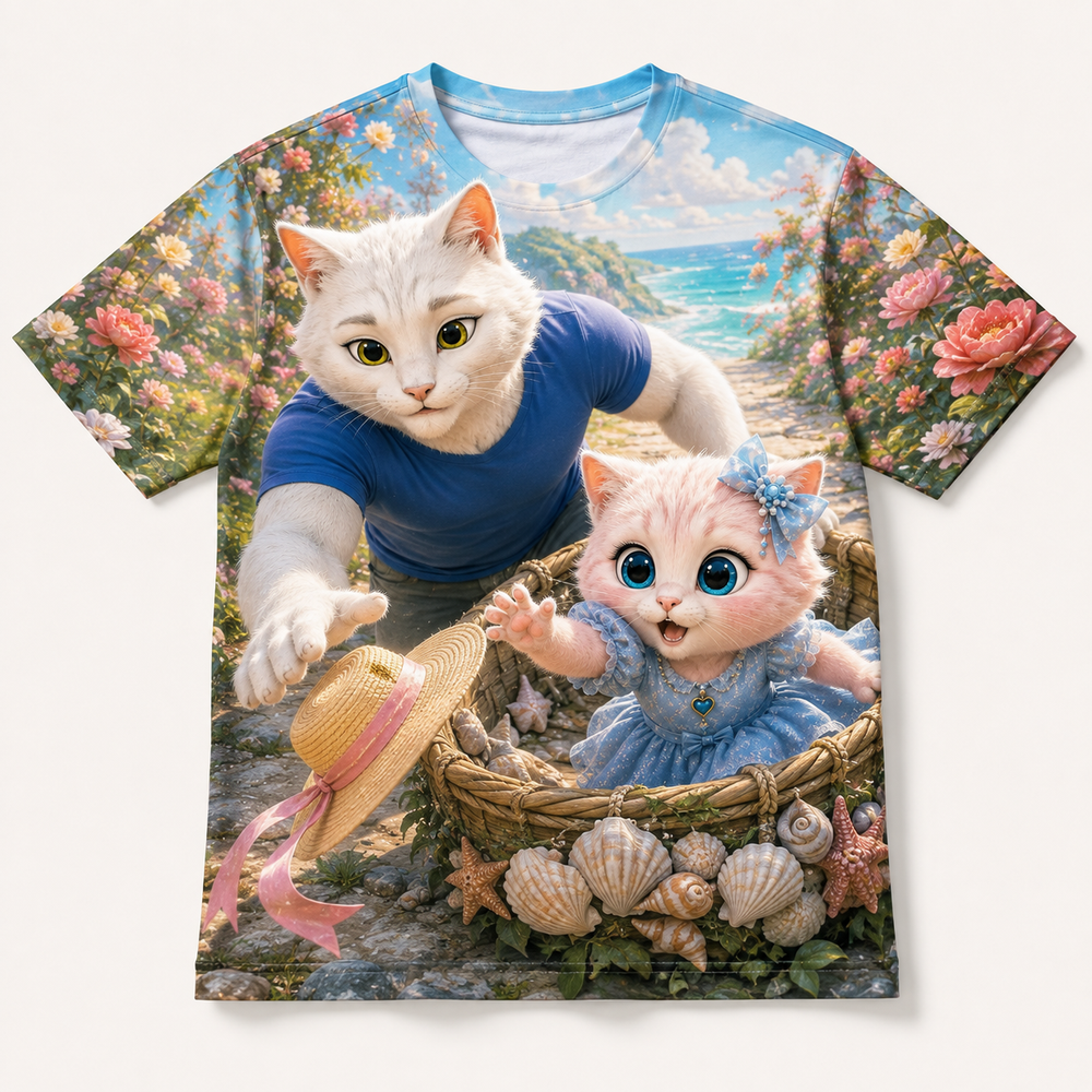 Shell Basket Hat Save all-over print T-shirt front view with Dad Cat and Pink Kitten — The Fluffy Fam