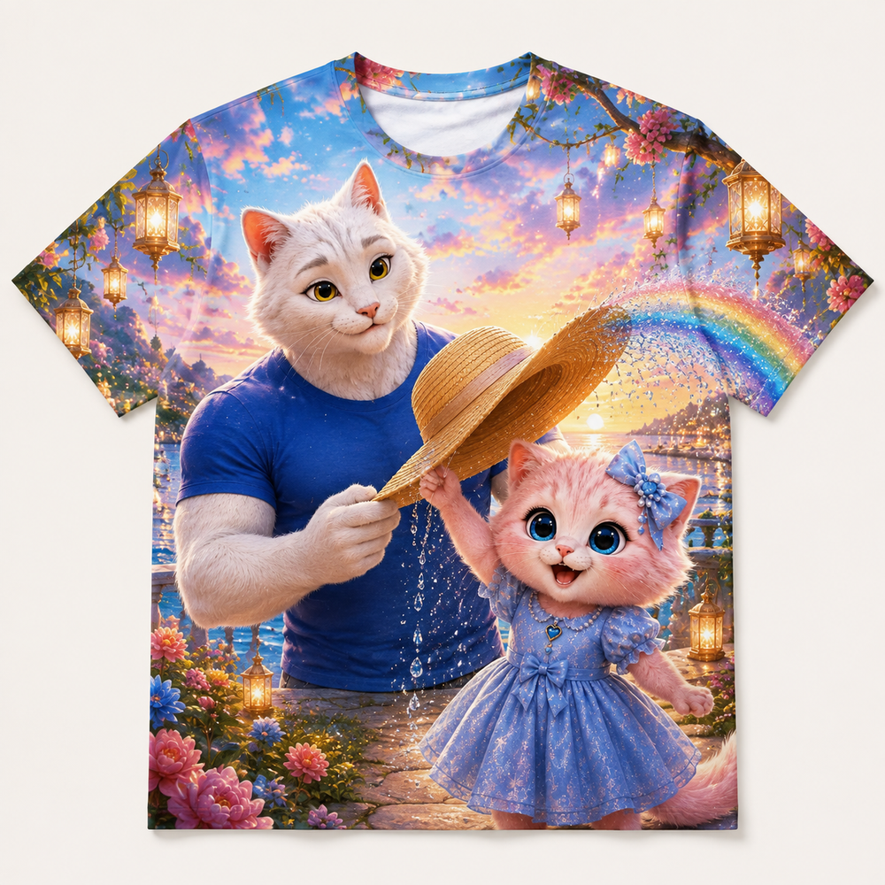 Sunhat Droplet Twirl all-over print T-shirt front view with Dad Cat and Pink Kitten — The Fluffy Fam