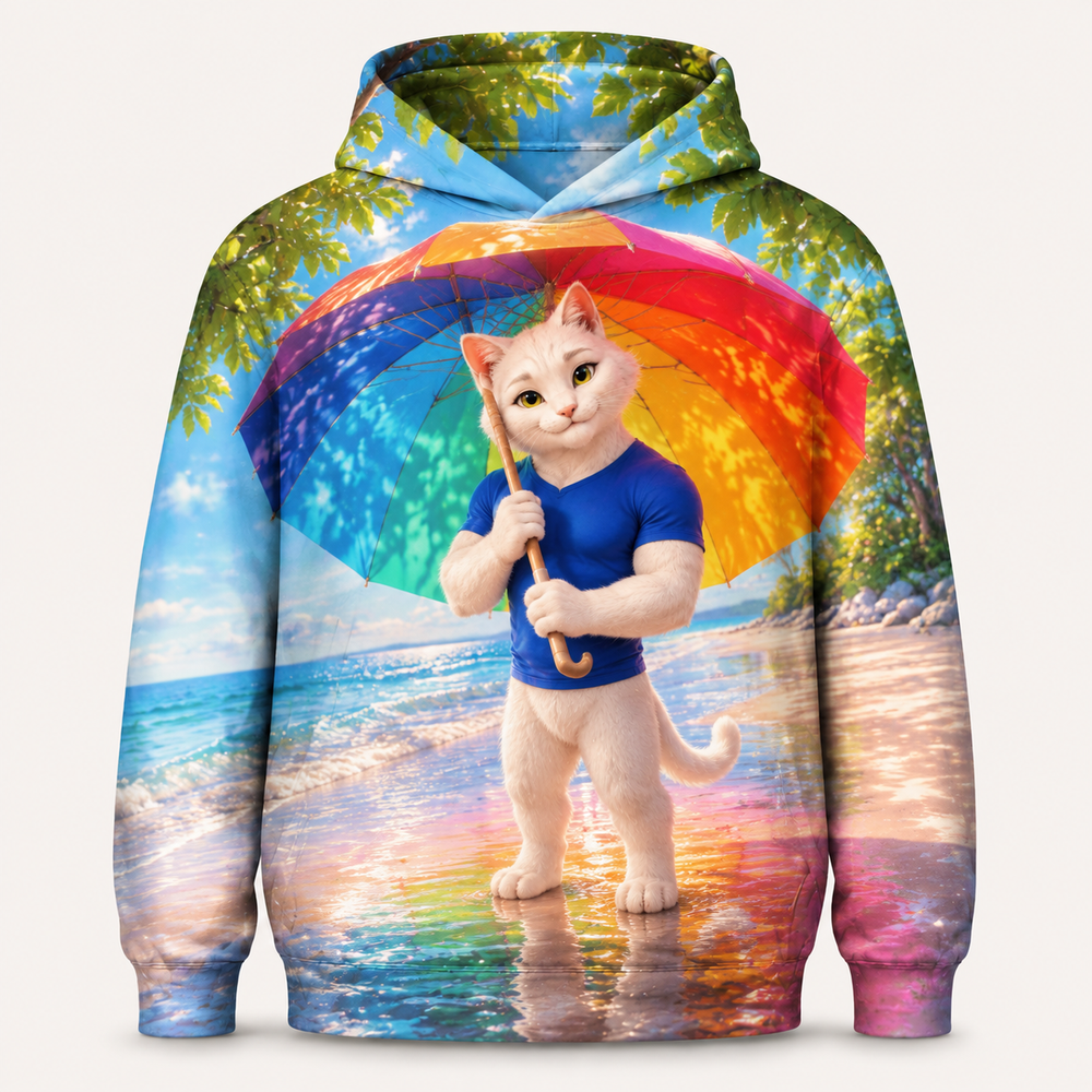 Umbrella Reflection Pop all-over print hoodie front view with Dad Cat — The Fluffy Fam