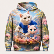 Lily Inlet Raft Push all-over print hoodie front view with Dad Cat and Pink Kitten — The Fluffy Fam