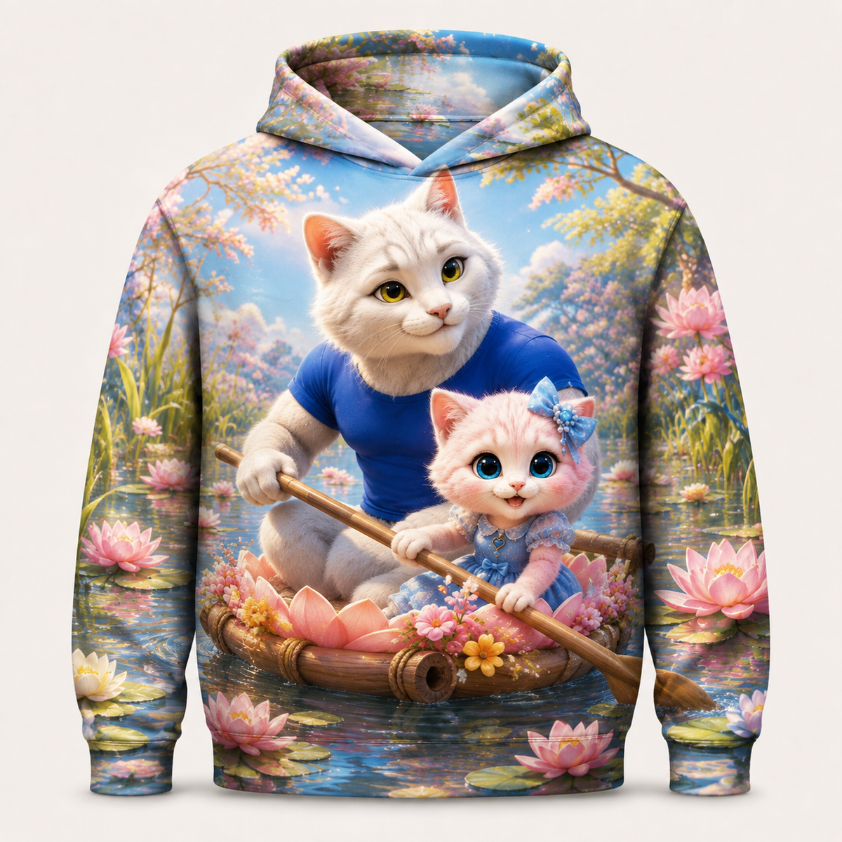 Lily Inlet Raft Push all-over print hoodie front view with Dad Cat and Pink Kitten — The Fluffy Fam