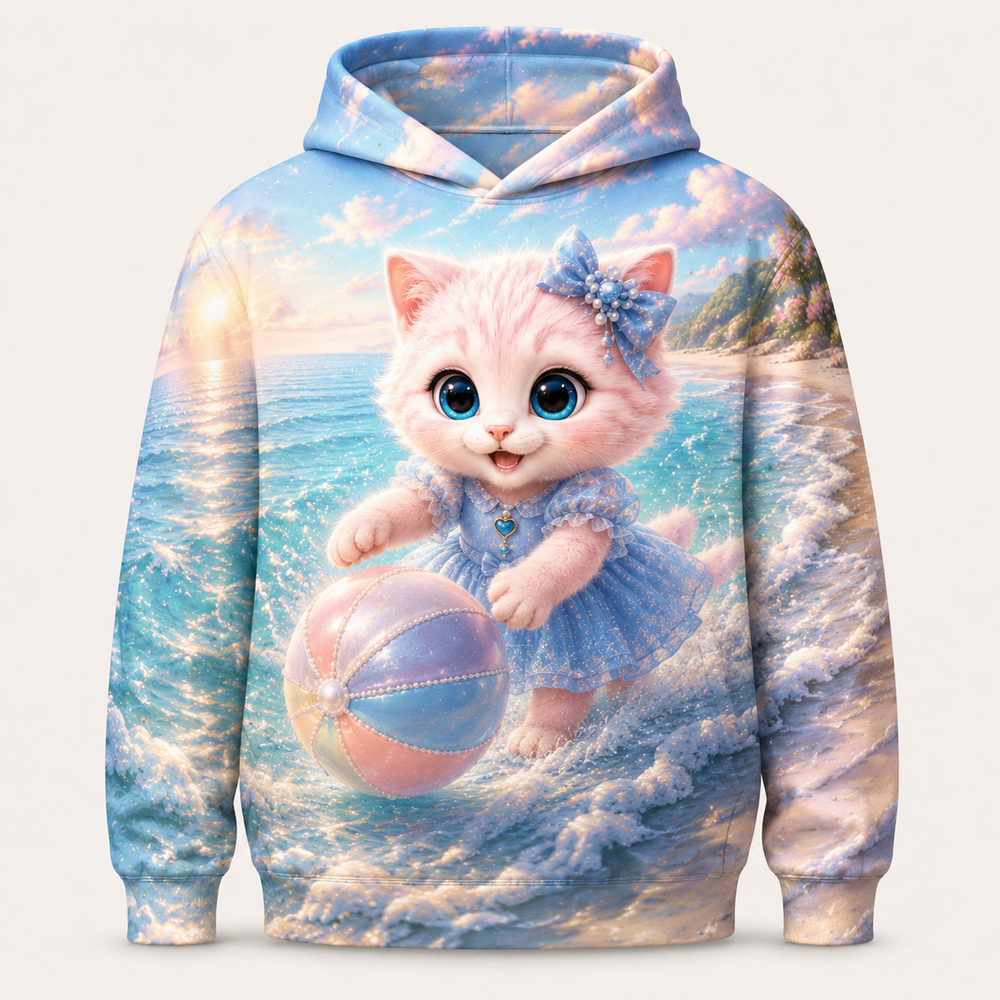 Beach Ball Wave Bounce all-over print hoodie front view with Pink Kitten — The Fluffy Fam