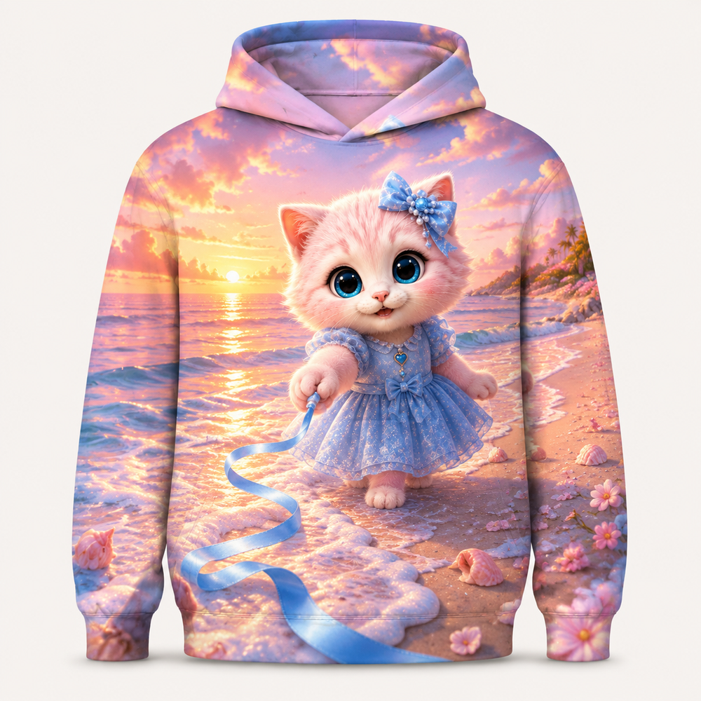 Wave Ribbon Run all-over print hoodie front view with Pink Kitten — The Fluffy Fam