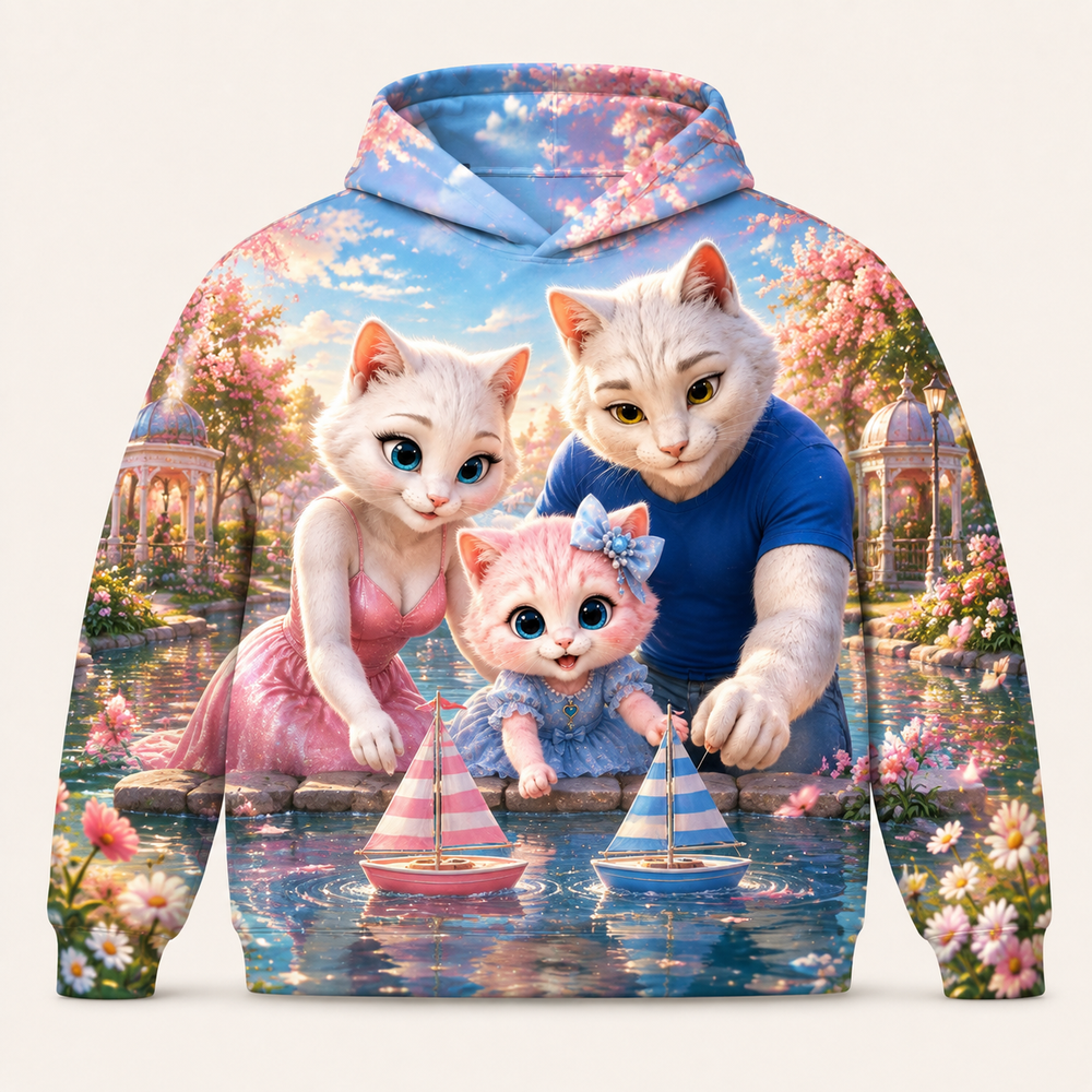 Mini Sail Regatta all-over print hoodie front view with the whole cat family — The Fluffy Fam