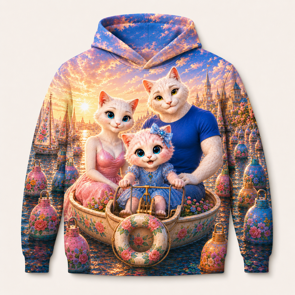 Buoy Garden Weave all-over print hoodie front view with the whole cat family — The Fluffy Fam
