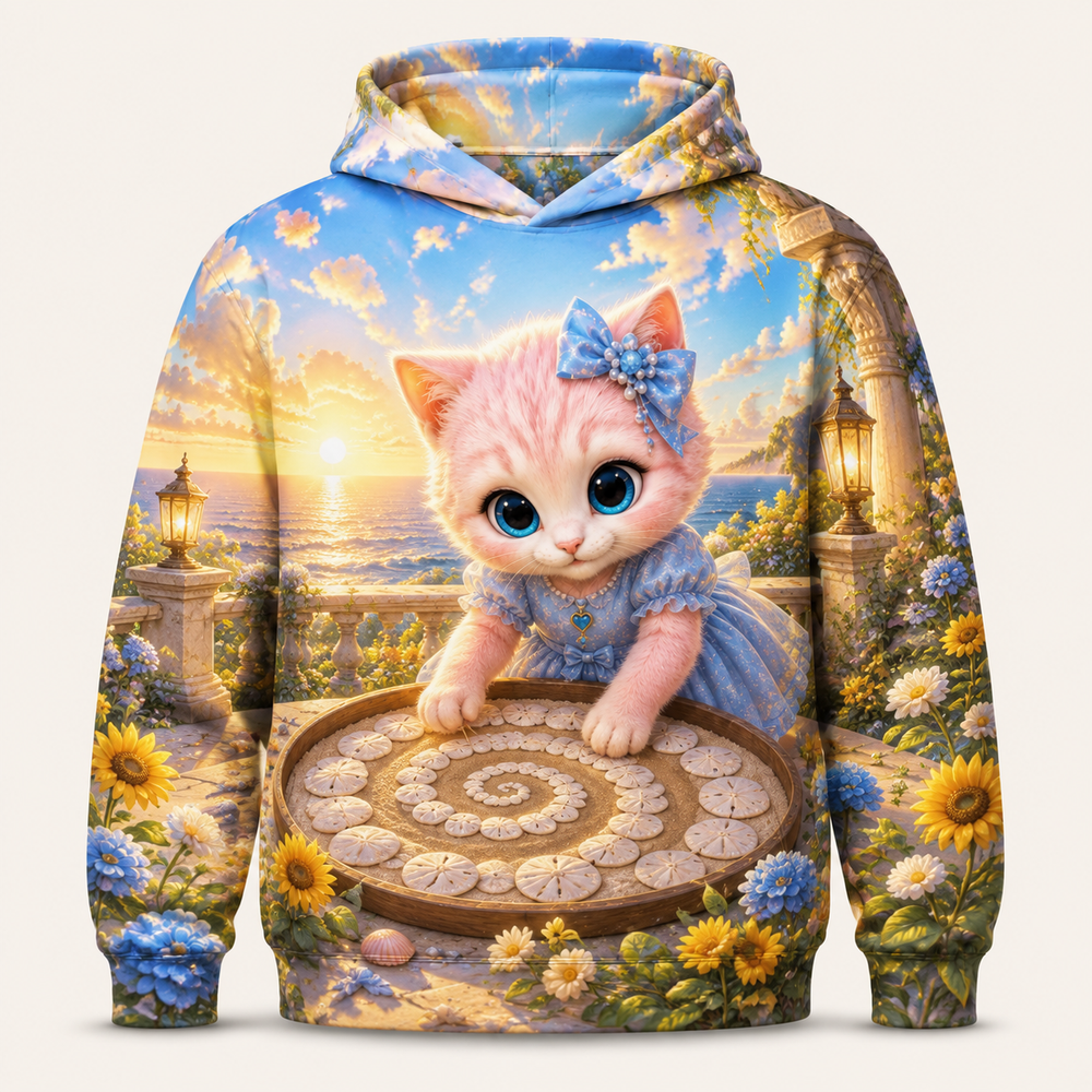 Sand Dollar Spiral all-over print hoodie front view with Pink Kitten — The Fluffy Fam