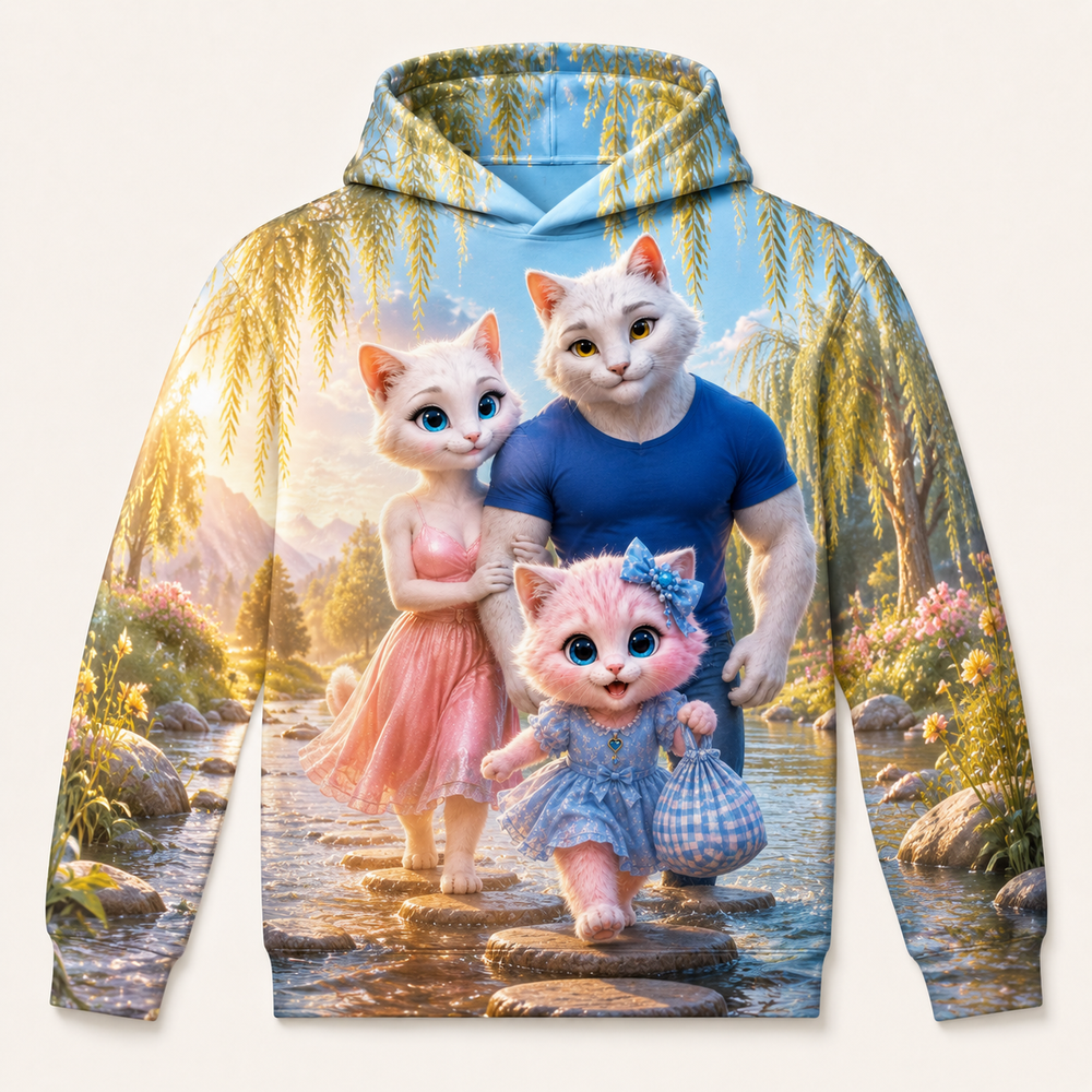 River Stone Picnic Crossing all-over print hoodie front view with the whole cat family — The Fluffy Fam