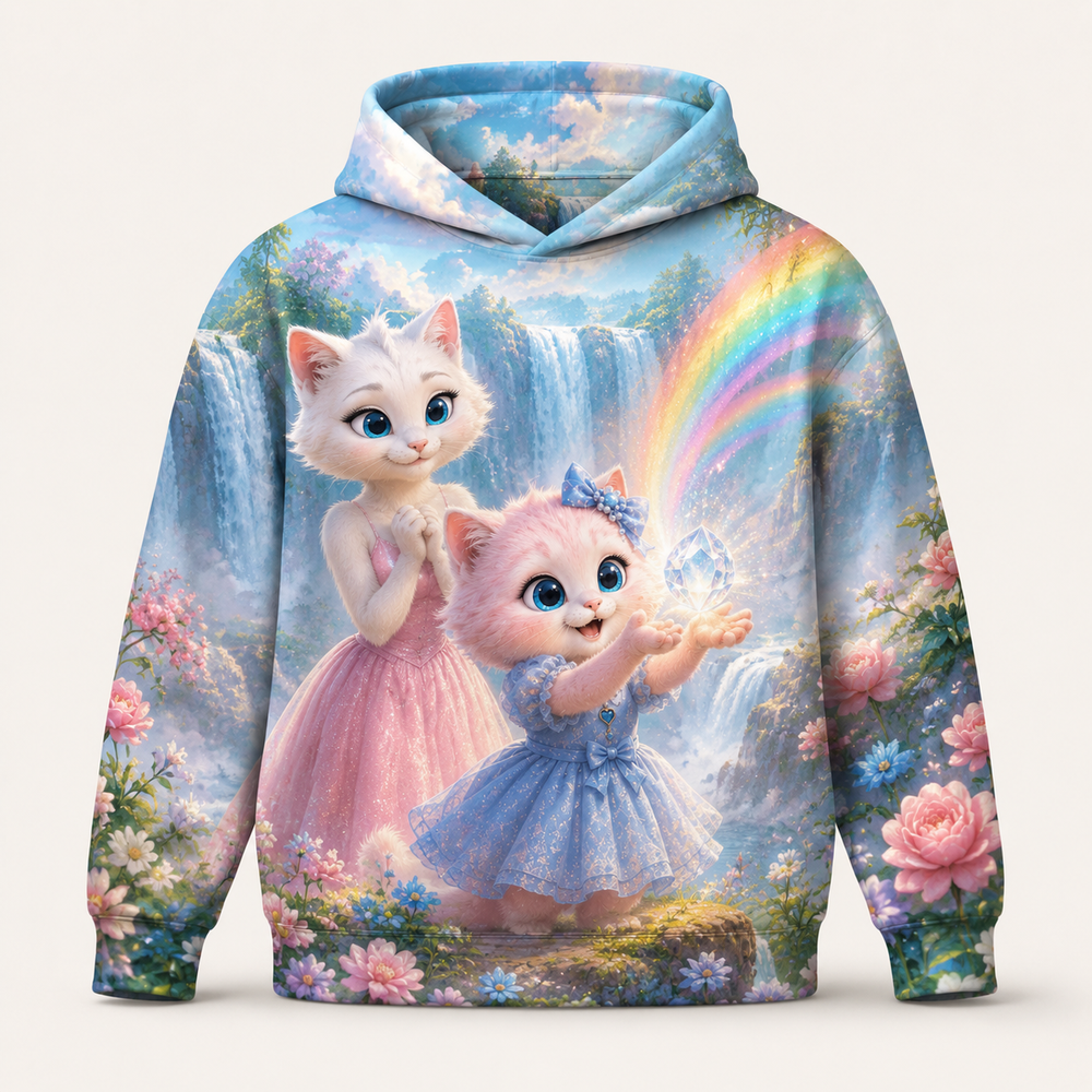 Waterfall Mist Rainbow all-over print hoodie front view with Mom Cat and Pink Kitten — The Fluffy Fam