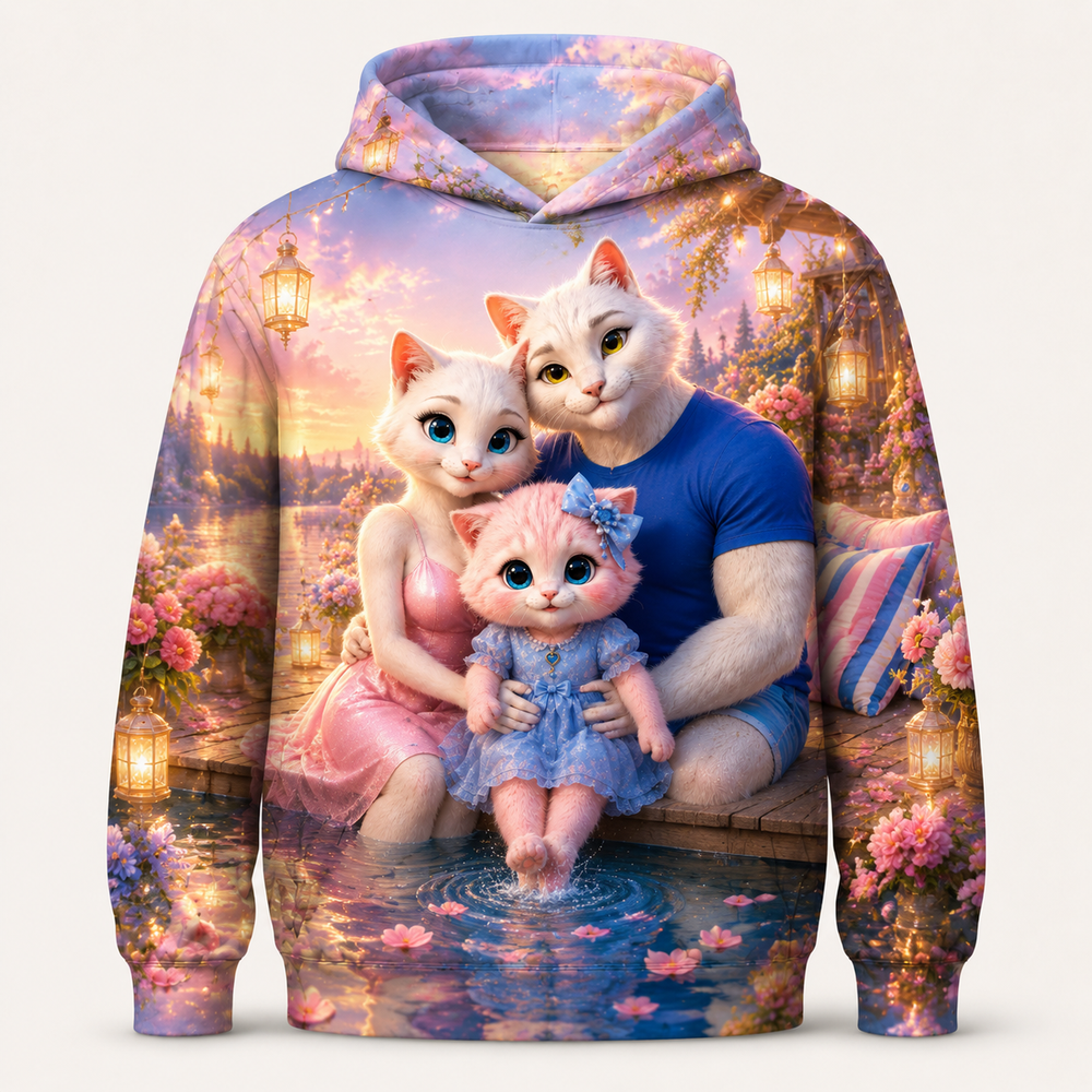 Lakeside Petal Ripples all-over print hoodie front view with the whole cat family — The Fluffy Fam