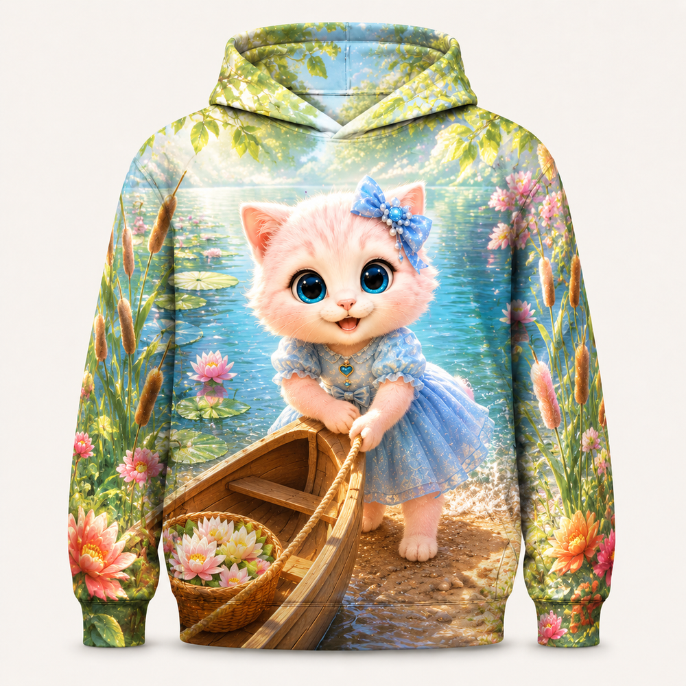 Canoe Basket Homecoming all-over print hoodie front view with Pink Kitten — The Fluffy Fam