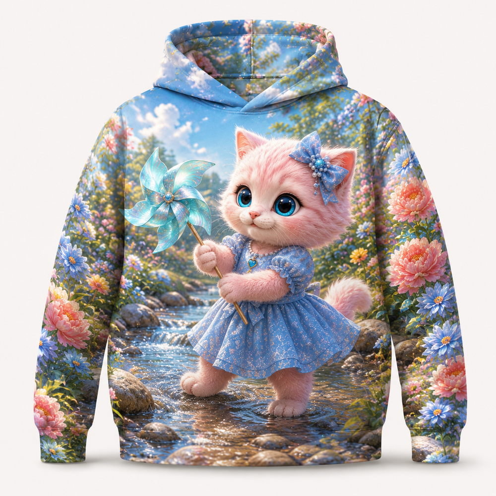 Garden Stream Pinwheel all-over print hoodie front view with Pink Kitten — The Fluffy Fam