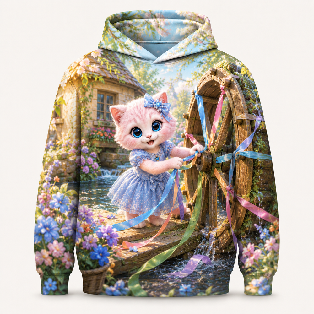 Waterwheel Ribbon Turn all-over print hoodie front view with Pink Kitten — The Fluffy Fam