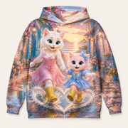 Puddle Boot Heart Splash all-over print hoodie front view with Mom Cat and Pink Kitten — The Fluffy Fam