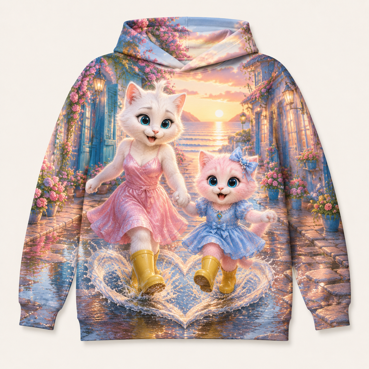 Puddle Boot Heart Splash all-over print hoodie front view with Mom Cat and Pink Kitten — The Fluffy Fam
