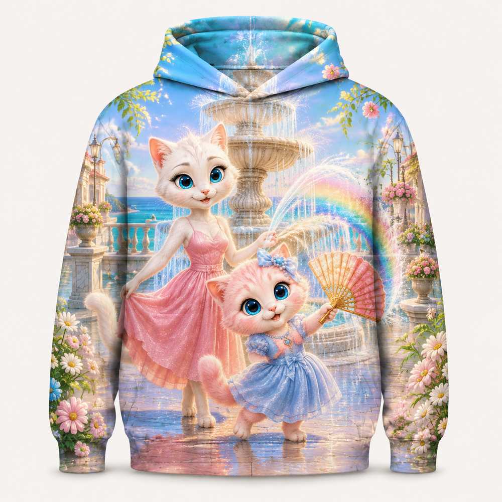 Fountain Fan Rainbow all-over print hoodie front view with Mom Cat and Pink Kitten — The Fluffy Fam