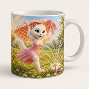 Sprinkler Meadow Dash ceramic mug front view with Mom Cat — The Fluffy Fam