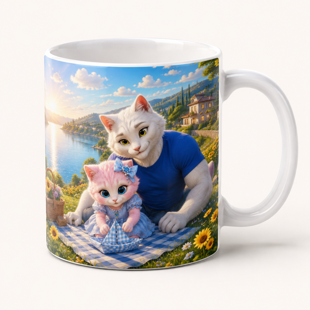 Reservoir Napkin Sail ceramic mug front view with Dad Cat and Pink Kitten — The Fluffy Fam