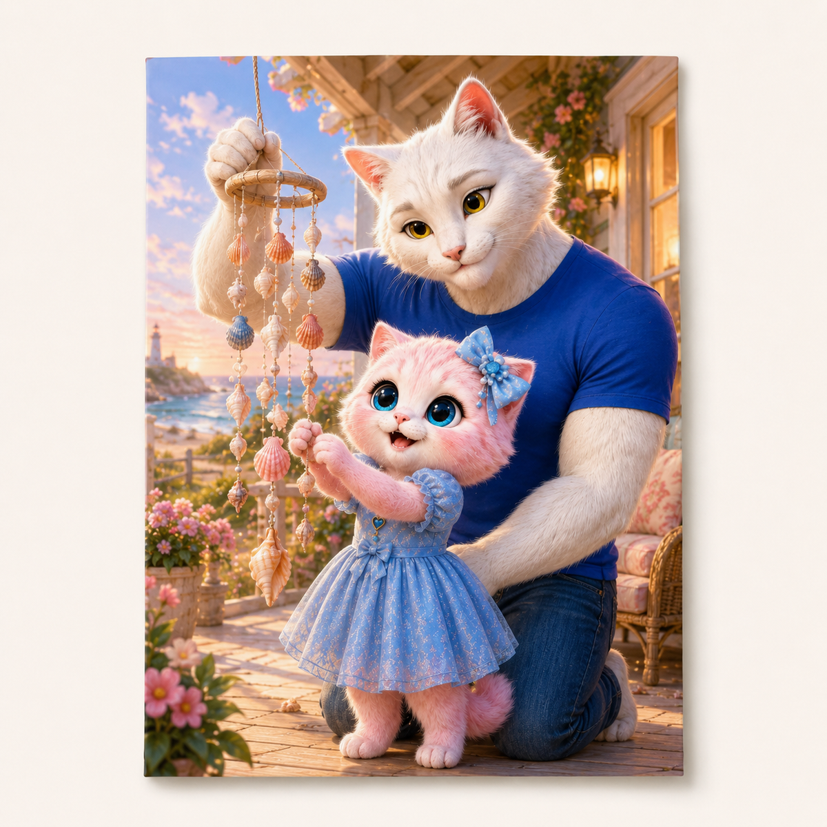 Seashell Chime Steady art print front view with Dad Cat and Pink Kitten — The Fluffy Fam