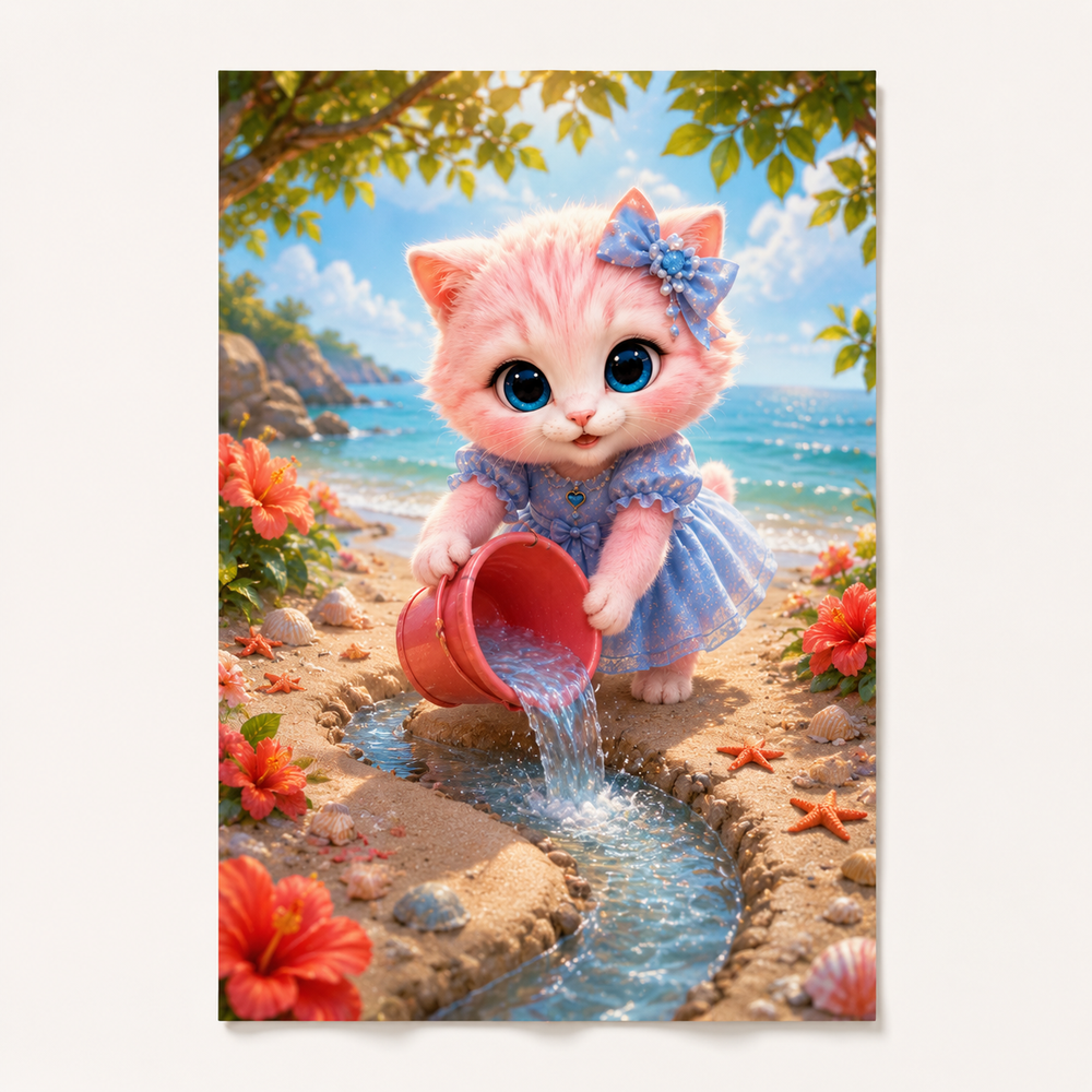 Coral Bucket Cascade art print front view with Pink Kitten — The Fluffy Fam