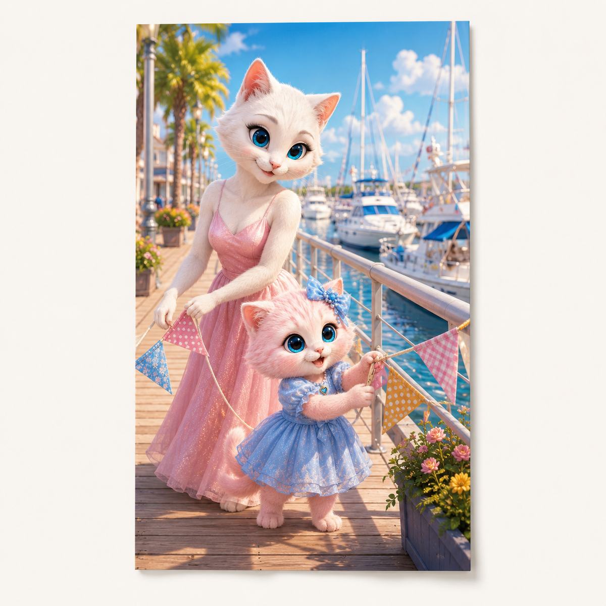 Harbor Pennant Flutter art print front view with Mom Cat and Pink Kitten — The Fluffy Fam