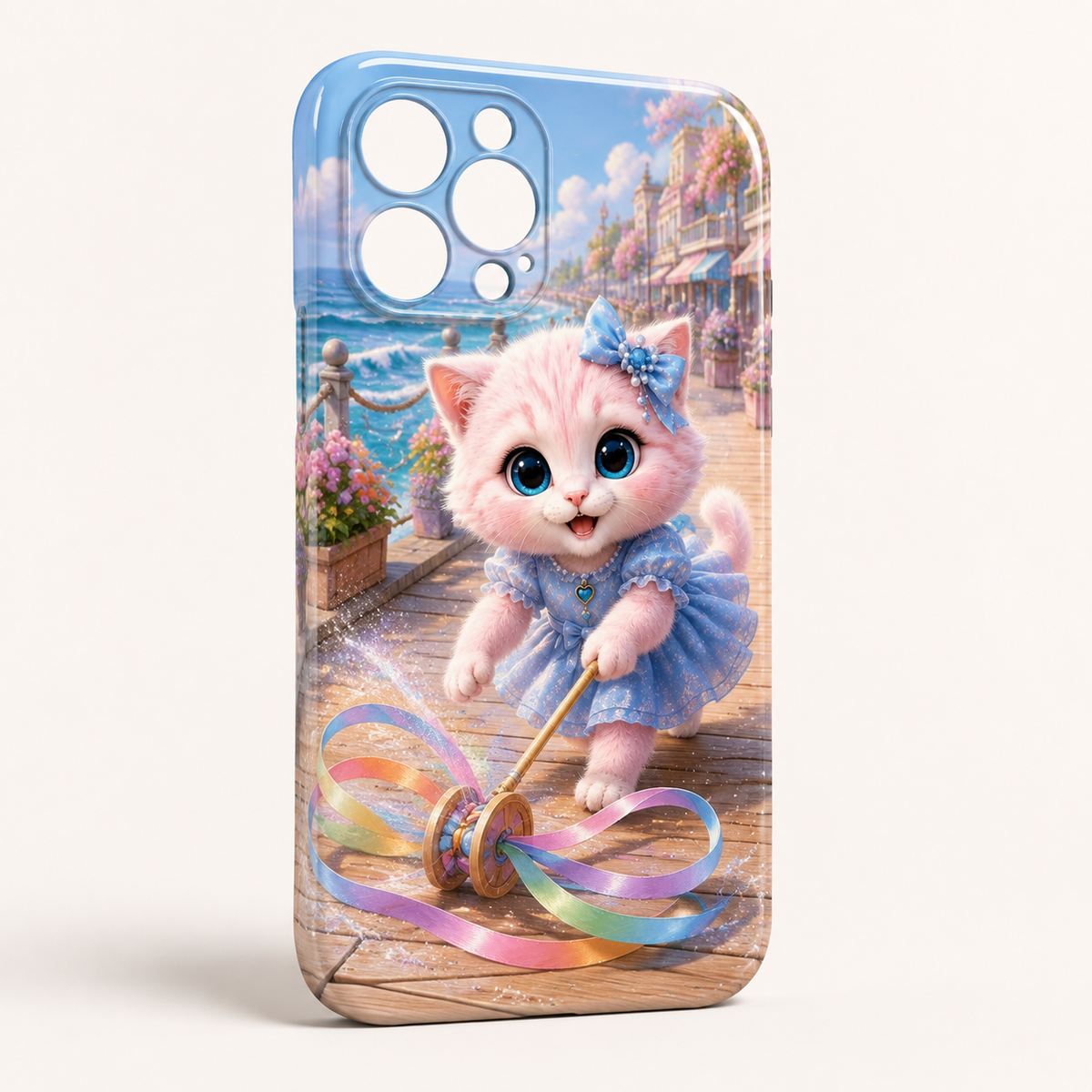 Boardwalk Ribbon Wheel phone case front view with Pink Kitten — The Fluffy Fam