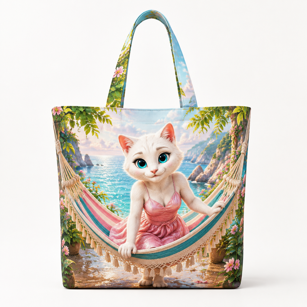 Cove Hammock Sway canvas tote bag front view with Mom Cat — The Fluffy Fam