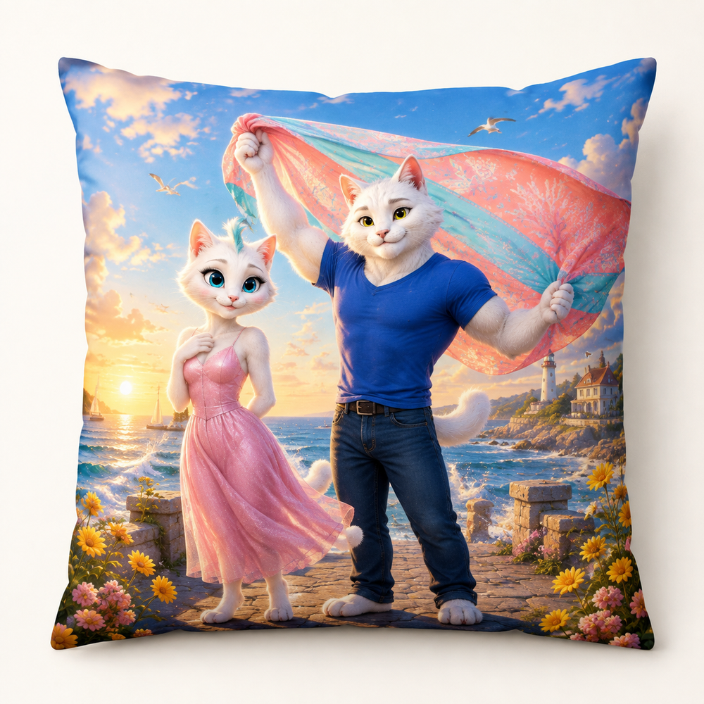 Jetty Scarf Sail throw pillow front view with Dad Cat and Mom Cat — The Fluffy Fam