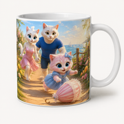 Shoreline Parasol Roll ceramic mug front view with the whole cat family — The Fluffy Fam